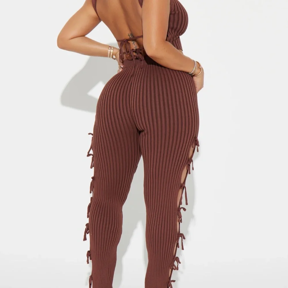 Chocolate Brown Rib Knit Pant Set - Picture 3 of 3